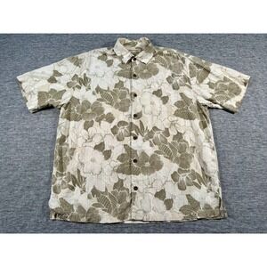Tommy Bahama Silk Shirt Mens Extra Large Beige Green Flowers Chest Pocket